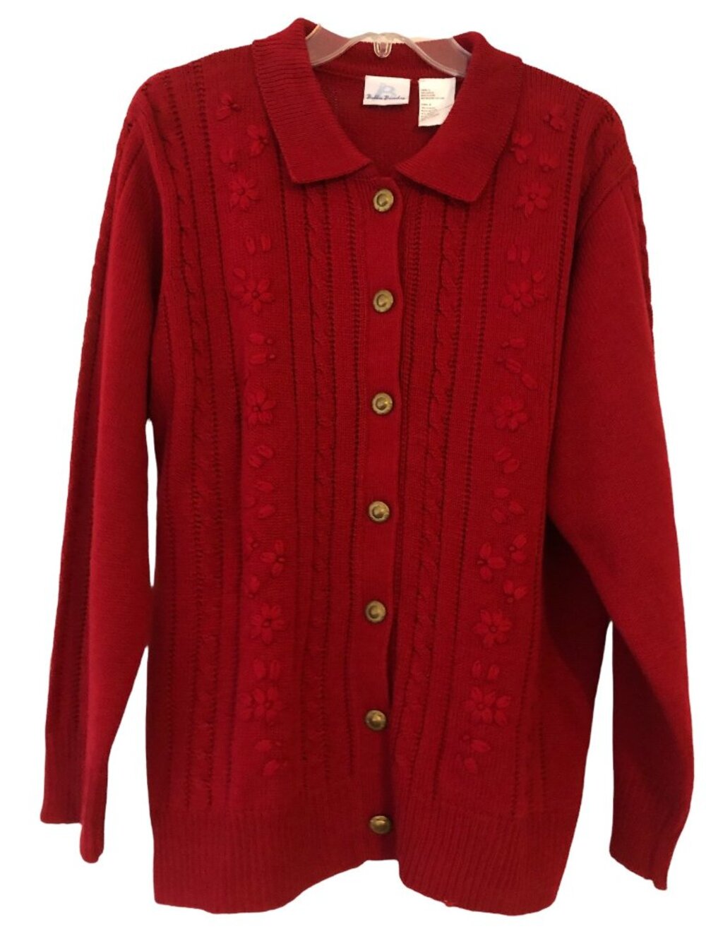 Granny Chic Christmas Holiday Red Floral Button Down Collared Sweater Sz L